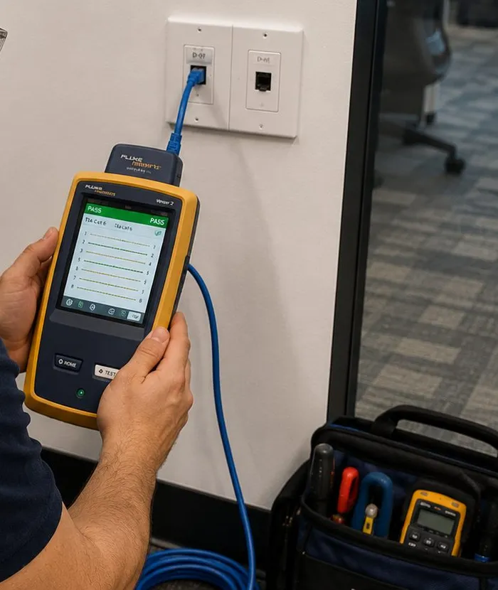 Sonos installation Upper East Side, Manhattan: hands holding a yellow handheld cable tester with a pass screen, its blue cable plugged into a white two-port wall plate, a tool bag on the floor