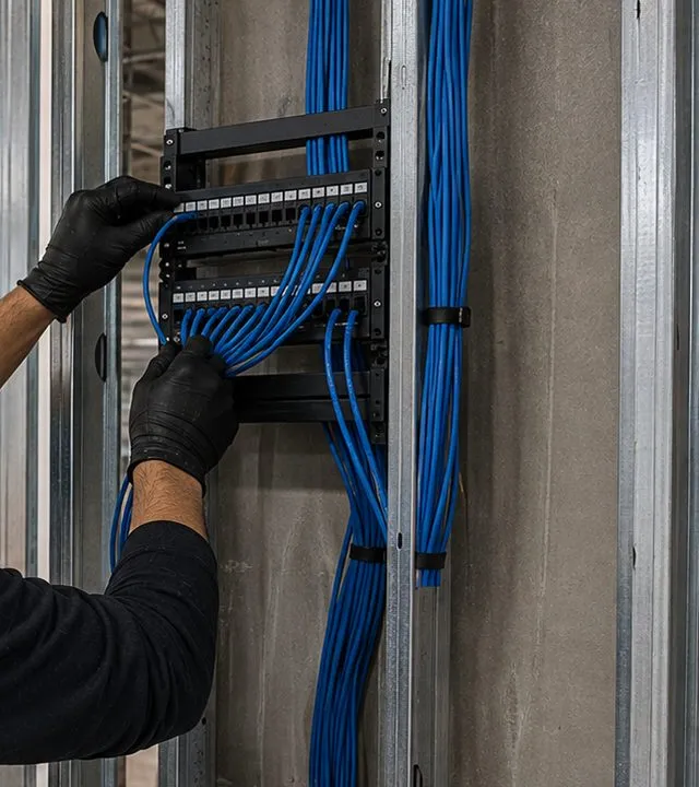Sonos installation Upper East Side, Manhattan: gloved hands plugging blue cables into a small patch panel mounted between steel studs, cable bundles strapped alongside