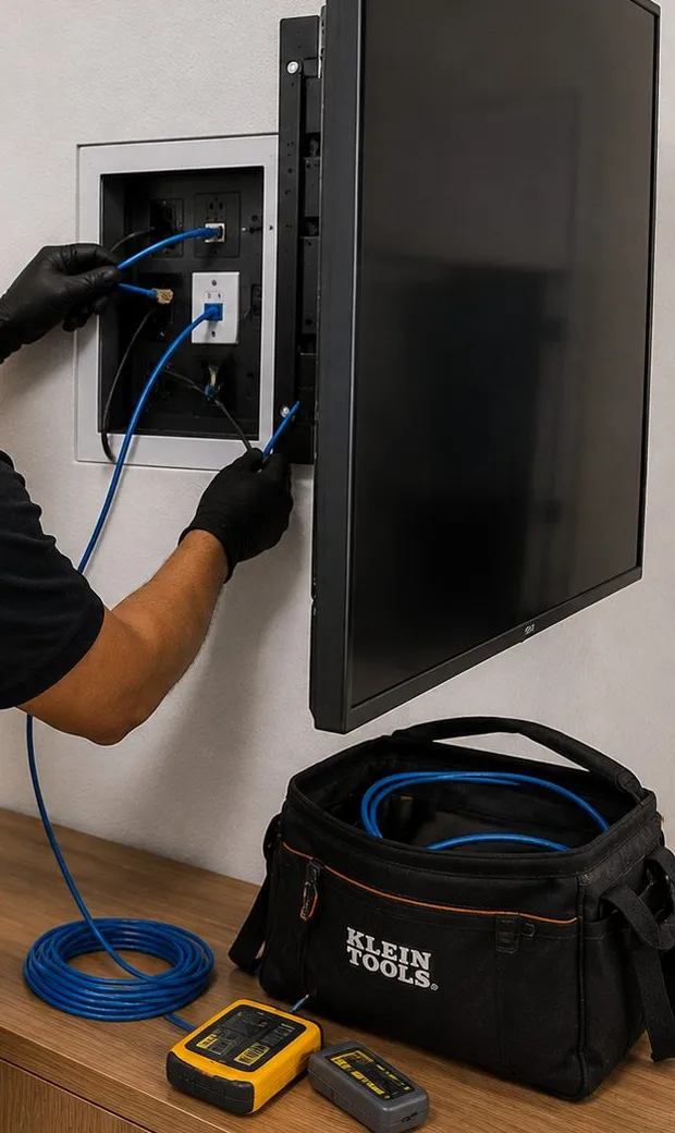 Sonos installation Upper East Side, Manhattan: gloved hands connecting blue cables inside a recessed wall box beside a wall-mounted screen, a coil of blue cable and two testers on the console below