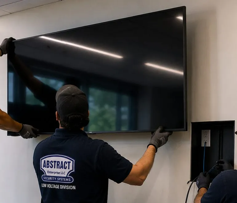 Sonos installation Upper East Side, Manhattan: technicians in gloves lifting a large flat screen onto a white wall next to a recessed wall box with an outlet and a blue cable