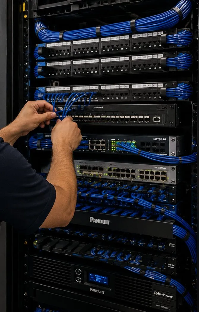 Sonos installation Upper East Side, Manhattan: a hand dressing blue patch cords into network switches in a tall equipment rack, patch panels above and a battery backup unit at the bottom