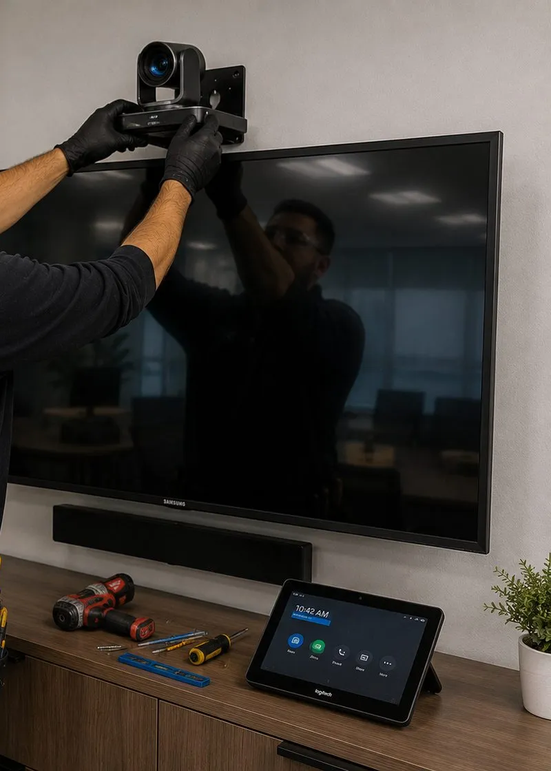 Meeting-room display with a camera above and soundbar below — Astoria, Queens soundbar installation Soundbar installation Astoria Queens: gloved hands fitting a video camera on a bracket above a wall display with a soundbar below, a touch panel and hand tools on the credenza