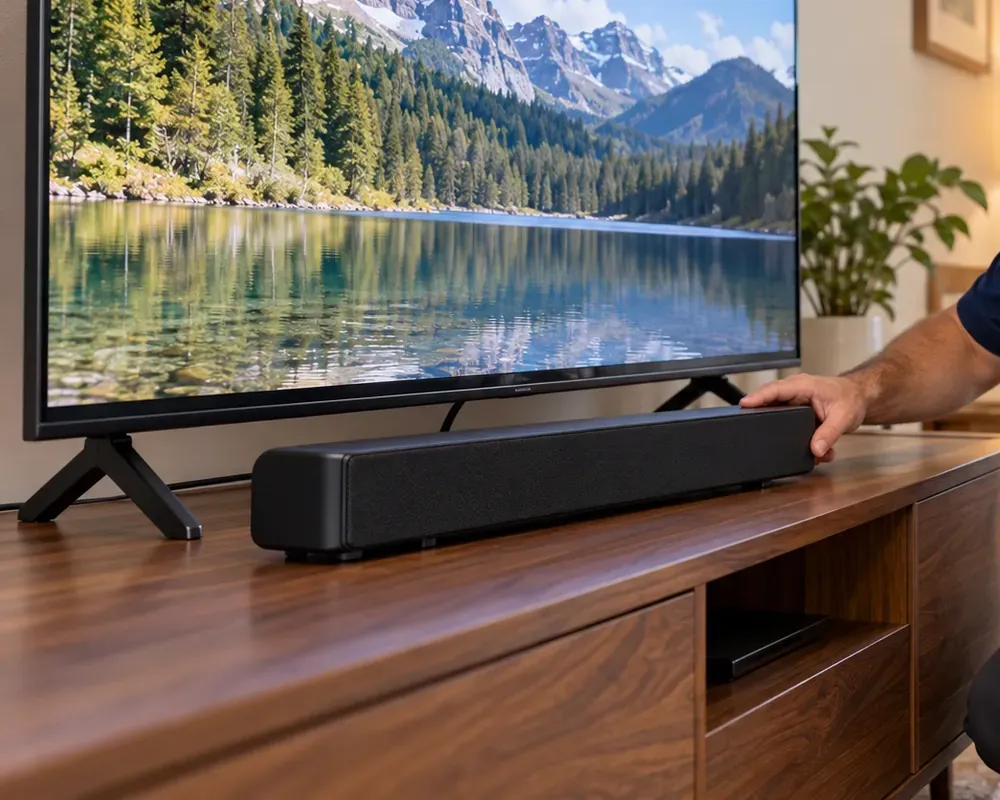 Soundbar eased onto a walnut console under a TV — Bayside, Queens Bayside, Queens console soundbar setup: a hand easing a black soundbar onto a walnut media console in front of a TV standing on its feet, with a cable box on the open shelf below