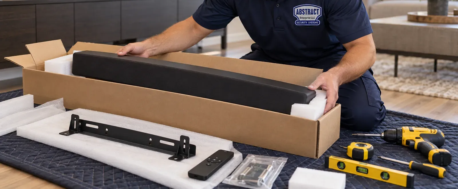 Soundbar lifted from its carton with bracket and tools — Bayside, Queens Bayside, Queens soundbar unpacking: hands lifting a black soundbar out of its carton on a blanket, with the wall bracket, remote, screws, drill, tape measure and spirit level laid out in front
