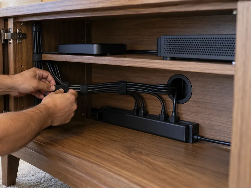 Strapping soundbar cables through a cabinet grommet — Bayside, Queens Soundbar cable tidying in Bayside, Queens: hands fastening hook-and-loop straps around a bundle of black cables inside a wooden media cabinet, the bundle passing through a round grommet to a power strip