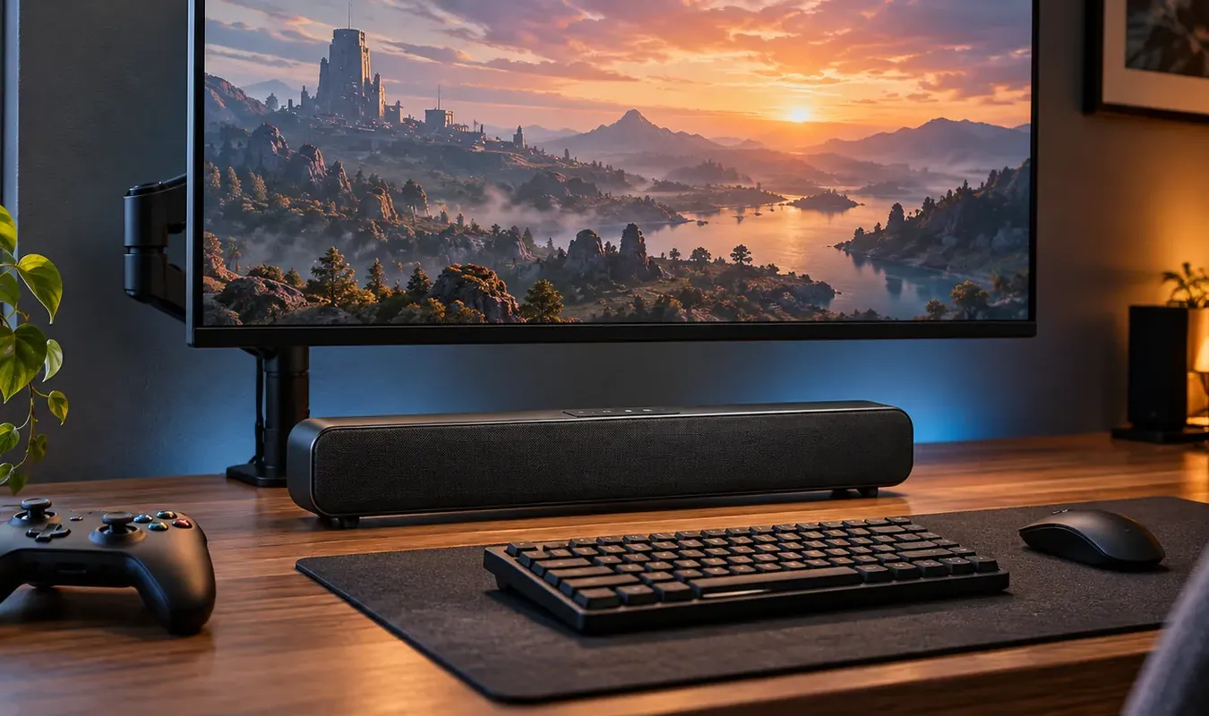 Compact soundbar under a desk monitor — Bayside, Queens Compact soundbar for a small room in Bayside, Queens: a short soundbar on a wooden desk below a monitor on an arm, with a keyboard, a mouse on a desk mat and a game controller
