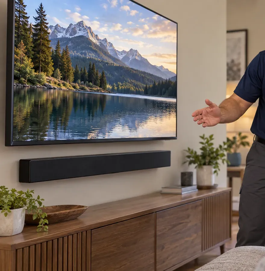 Pointing out a wall-mounted soundbar under the TV — Bayside, Queens Bayside, Queens soundbar handover: a technician's hand gesturing toward a slim soundbar mounted under a large wall TV above a walnut console with a plant and a bowl