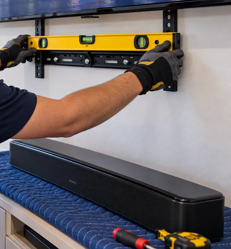 Levelling the bracket before the soundbar goes up — Bayside, Queens Soundbar bracket being levelled in Bayside, Queens: gloved hands pressing a yellow spirit level against a black wall bracket, with a soundbar resting on a blue moving blanket below