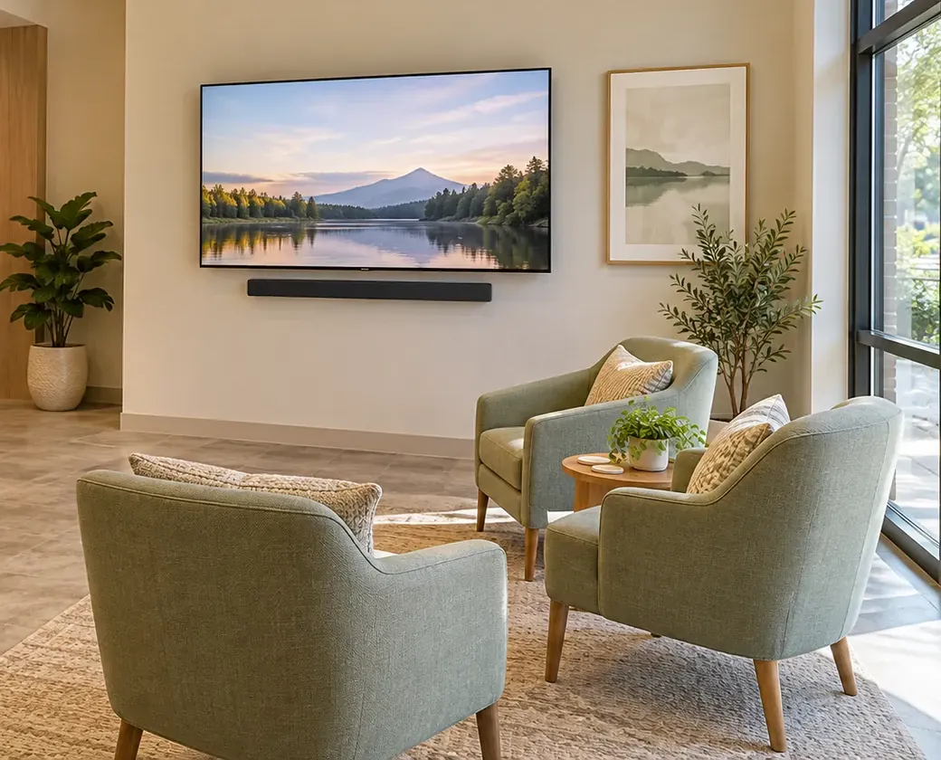 Lobby TV with a soundbar over a seating area — Bayside, Queens business soundbar Business soundbar installation for Bayside, Queens: a lobby with a wall-mounted TV, a slim soundbar beneath it, sage-green armchairs, a small round table and tall windows