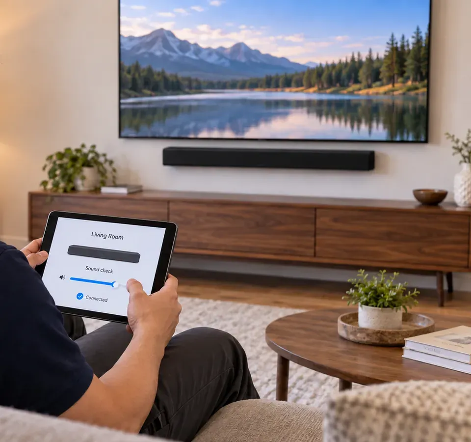 Tablet sound check facing the TV and soundbar — Bayside, Queens Soundbar setup in Bayside, Queens: hands holding a tablet showing a Living Room sound-check screen with a volume slider, facing a wall TV and soundbar above a wooden console