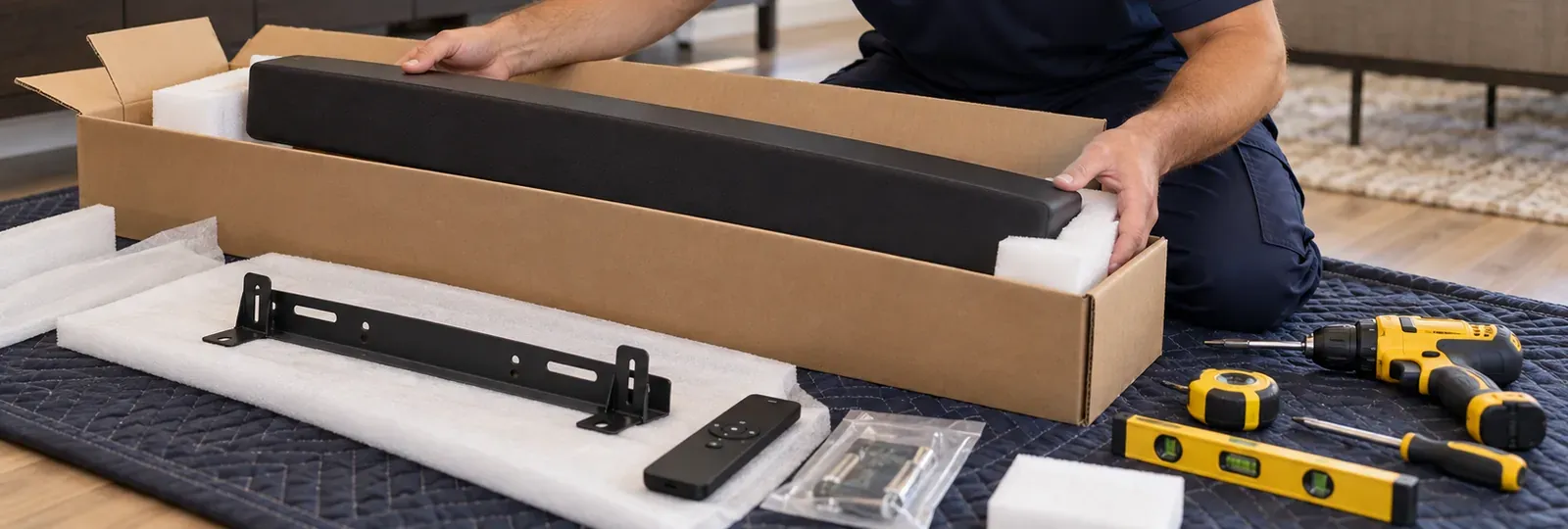 Soundbar, bracket and hardware unpacked — Brooklyn Heights, Brooklyn soundbar installation Soundbar being lifted from its carton on a moving blanket, with its wall bracket, remote, hardware bag, cordless drill, tape measure and spirit level laid out in front — Brooklyn Heights soundbar installation