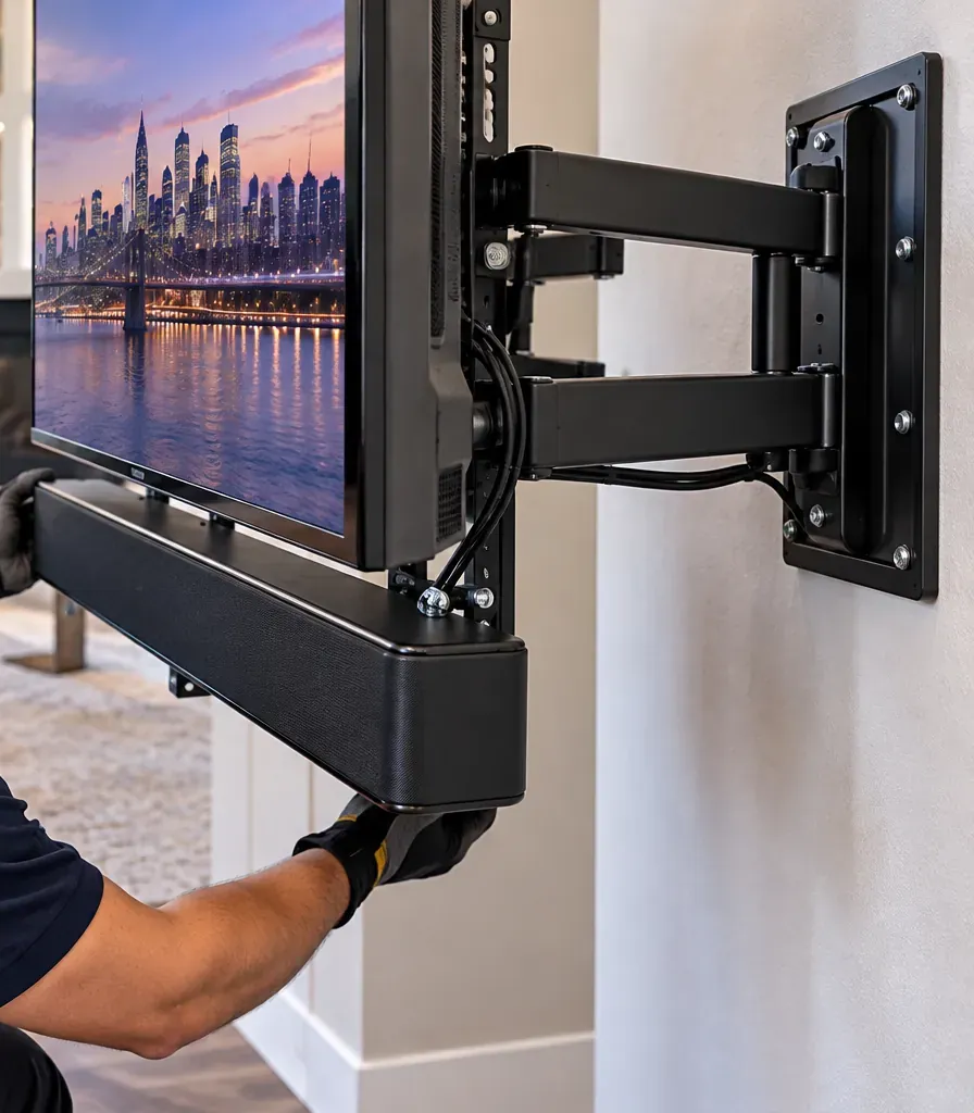 Soundbar fixed to a TV on an articulating arm — Brooklyn Heights, Brooklyn soundbar installation Gloved hand supporting a soundbar fixed beneath a TV on a black articulating wall arm, with cables routed along the arm to the wall plate — Brooklyn Heights soundbar installation