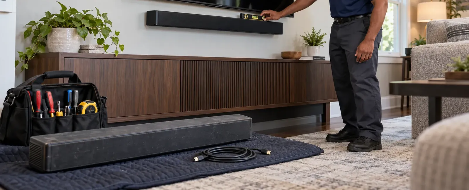 Level check on a wall-mounted soundbar — Brooklyn Heights, Brooklyn soundbar installation Wall-mounted black soundbar under a TV being checked with a small level above a walnut console with fluted doors, a tool bag, HDMI cable and second soundbar on a moving blanket on the rug — Brooklyn Heights soundbar installation