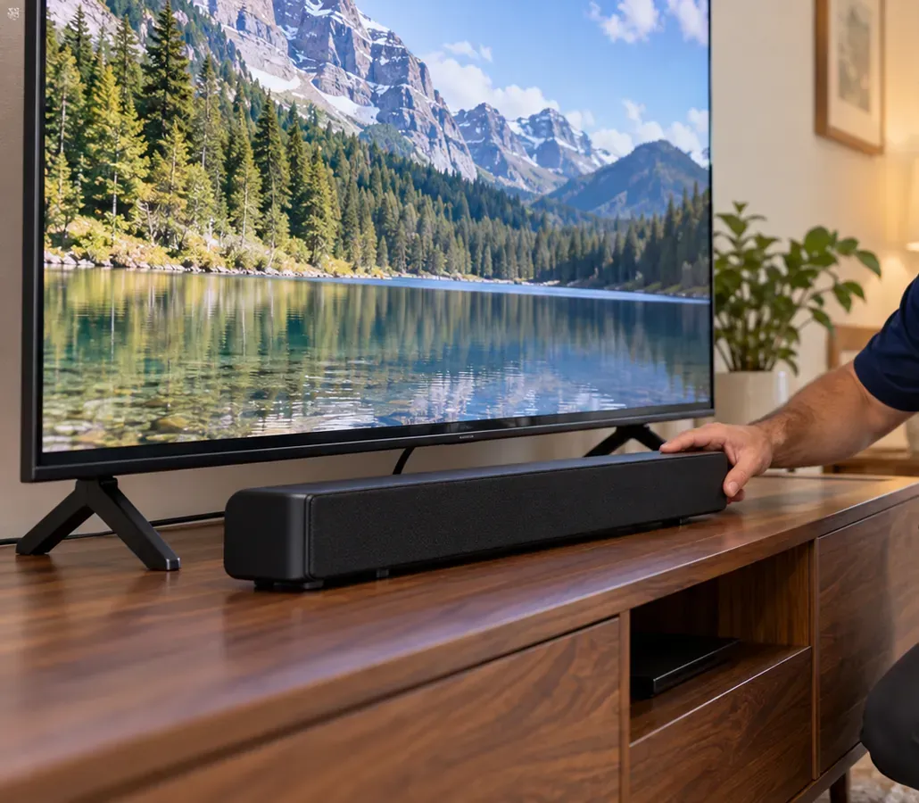 Soundbar placed on a walnut console — Brooklyn Heights, Brooklyn soundbar installation Hand setting a compact black soundbar on a walnut media console in front of a TV standing on its own feet — Brooklyn Heights soundbar installation