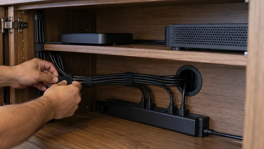 Strapping cables inside a media cabinet — Brooklyn Heights, Brooklyn soundbar installation Hands fastening hook-and-loop straps around a bundle of black cables inside a wood media cabinet, the bundle passing through a round grommet to a power strip, with two devices on the shelf above — Brooklyn Heights soundbar installation