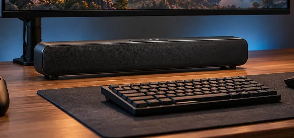 Compact soundbar on a desk under a monitor — Brooklyn Heights, Brooklyn soundbar installation Compact soundbar on a wooden desk below a monitor on an arm, with a keyboard, mouse, game controller and desk mat in front — Brooklyn Heights soundbar installation