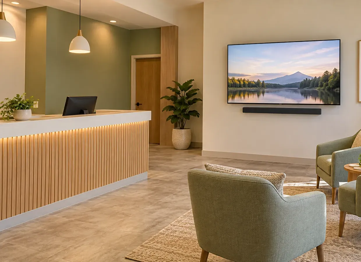 Waiting-area TV with a soundbar below — Brooklyn Heights, Brooklyn soundbar installation Reception area with a slatted wood front desk under pendant lights, a wall-mounted TV with a slim soundbar below it, green armchairs and potted plants — Brooklyn Heights soundbar installation