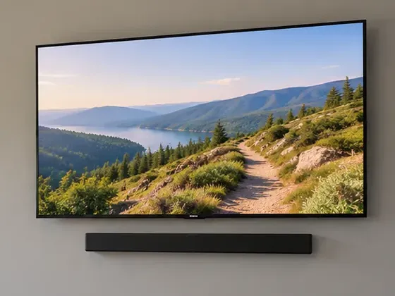 TV and slim soundbar on a painted wall — Brooklyn Heights, Brooklyn soundbar installation Large TV on a pale grey painted wall with a slim black soundbar mounted a short gap below it — Brooklyn Heights soundbar installation