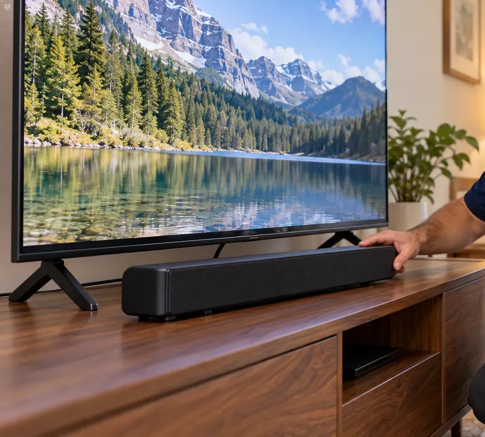 No-drill soundbar setup in Chelsea, Manhattan: soundbar placed on a walnut media console in front of a TV on its feet, a hand squaring the bar