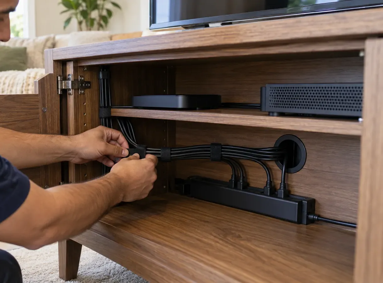 Media cabinet wiring for a Chelsea, Manhattan soundbar: hands strapping power and HDMI cables to a surge strip inside an open wooden cabinet beside two boxes