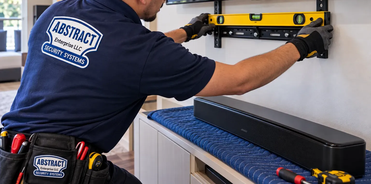 Soundbar installation in Chelsea, Manhattan: gloved technician holding a yellow spirit level against a black TV wall bracket, a soundbar resting on a padded blanket below