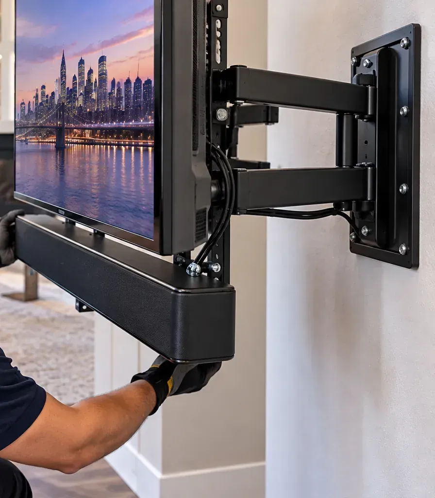 Soundbar carried on a TV's articulating arm — DUMBO, Brooklyn soundbar installation Gloved hands supporting a black soundbar fixed below a TV on a black articulating wall arm, with cables tied along the arm to its wall plate on a pale wall — DUMBO, Brooklyn soundbar installation