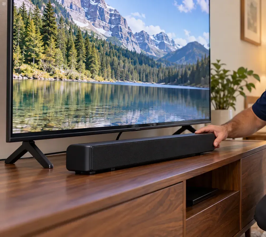 Soundbar set on a walnut console in front of a stand TV — DUMBO, Brooklyn soundbar installation Hand placing a black soundbar on a walnut media console in front of a TV standing on its own feet, with a streaming box on the shelf below — DUMBO, Brooklyn soundbar installation