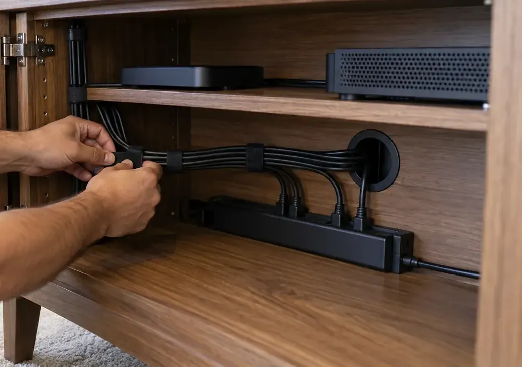 Strapping cables through a cabinet grommet — DUMBO, Brooklyn soundbar installation Hands wrapping a hook-and-loop strap around a bundle of black cables inside an open walnut media cabinet, the bundle passing through a round grommet to a power strip below two devices on a shelf — DUMBO, Brooklyn soundbar installation