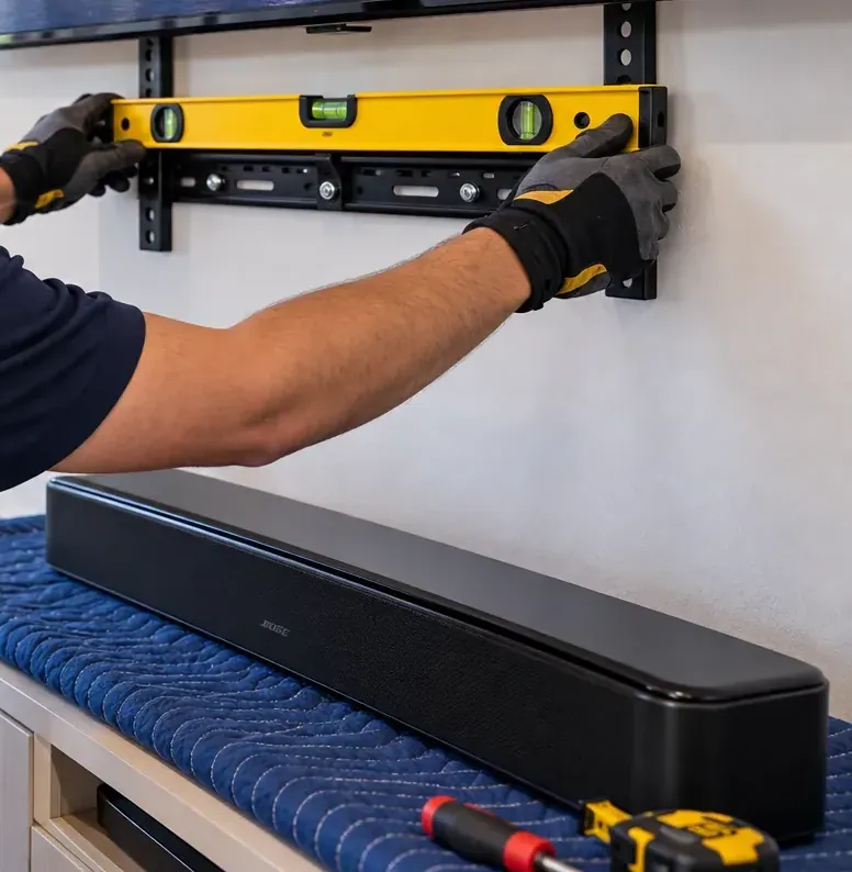 Spirit level across the bracket before the bar goes up — DUMBO, Brooklyn soundbar installation Gloved hands holding a yellow spirit level across a black wall bracket fixed under a TV, with a soundbar resting on a blue quilted blanket on the console below — DUMBO, Brooklyn soundbar installation
