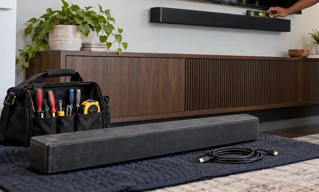 Level check on a hung bar with tools kept on a blanket — DUMBO, Brooklyn soundbar installation Hand resting a small level on a black soundbar hung beneath a TV above a dark wood fluted console, with an open tool bag, a second soundbar and a coiled HDMI cable on a moving blanket in front — DUMBO, Brooklyn soundbar installation