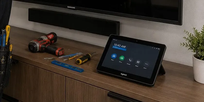 Meeting-room display with soundbar and touch controller — DUMBO, Brooklyn soundbar installation Bottom edge of a wall-mounted Samsung display with a black soundbar beneath it, above a wood credenza holding a drill, screwdrivers, a blue level and a tabletop meeting-room touch controller — DUMBO, Brooklyn soundbar installation