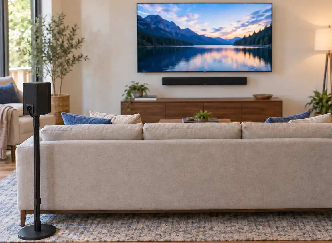 Rear surround speaker on a stand at the sofa end — DUMBO, Brooklyn soundbar installation Beige sofa seen from behind on a patterned rug, with a black rear surround speaker on a floor stand at its left end, facing a wall-mounted TV and slim soundbar above a low wooden console — DUMBO, Brooklyn soundbar installation