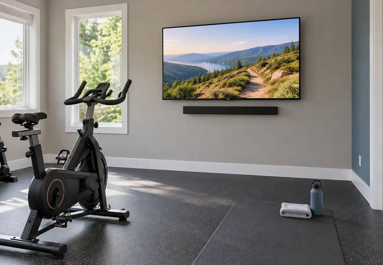 Workout room TV with a wall-hung soundbar — DUMBO, Brooklyn soundbar installation Wall-mounted TV with a slim black soundbar beneath it on a grey wall, above an exercise bike, a dark rubber floor, a mat and a water bottle beside a white baseboard — DUMBO, Brooklyn soundbar installation