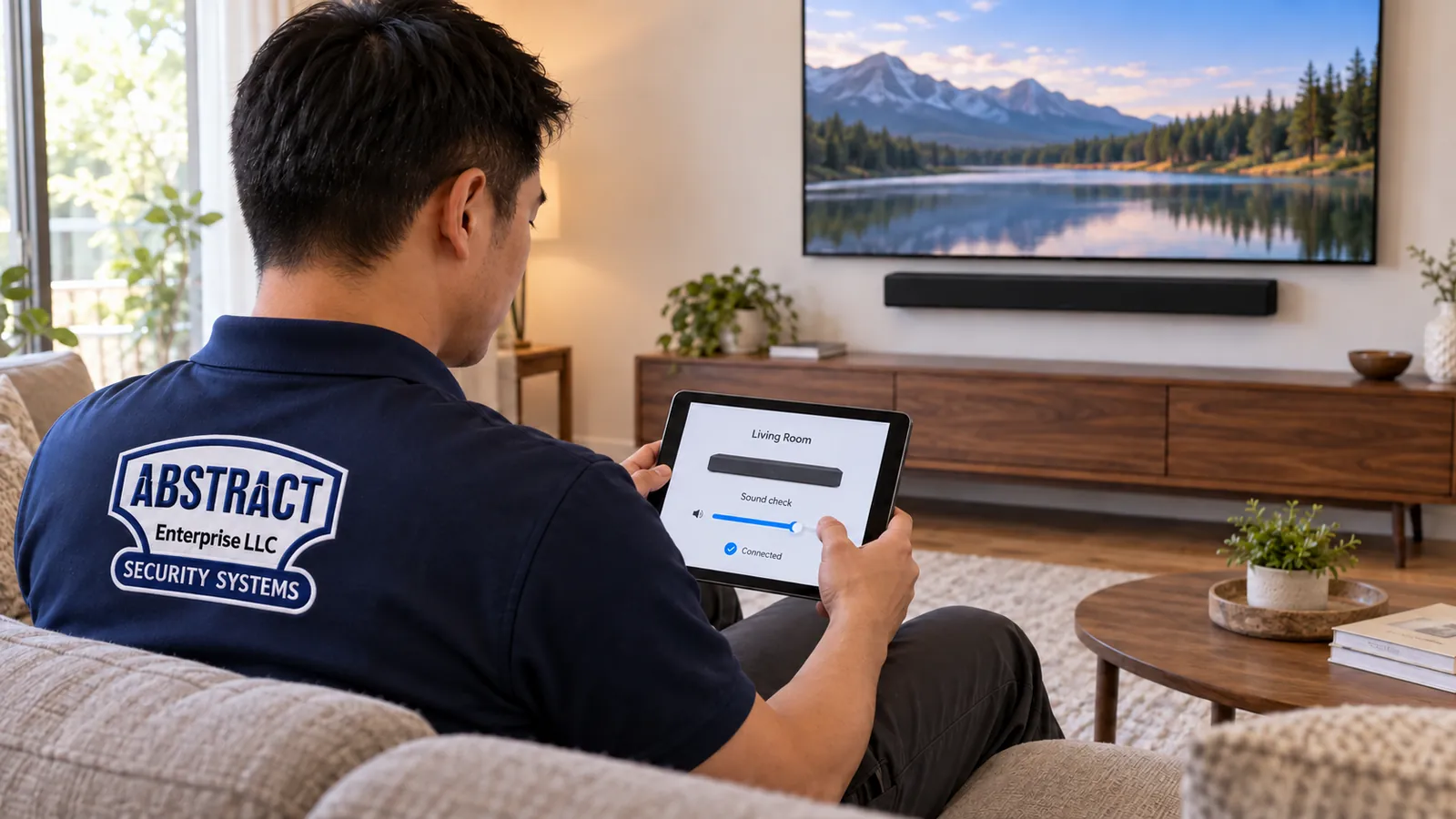 Soundbar installation Dutchess County: technician seen from behind on a sofa holding a tablet showing a Living Room sound-check screen, TV and soundbar on the wall ahead