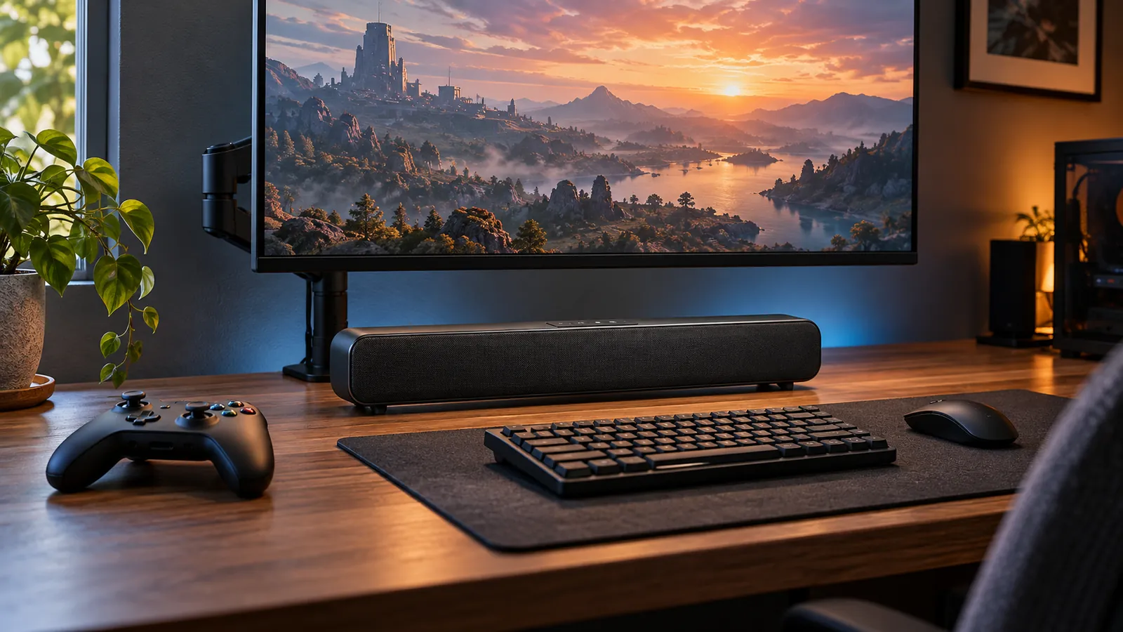 Soundbar installation Dutchess County: compact soundbar on a wooden desk under a monitor on an arm, with a keyboard, mouse and game controller
