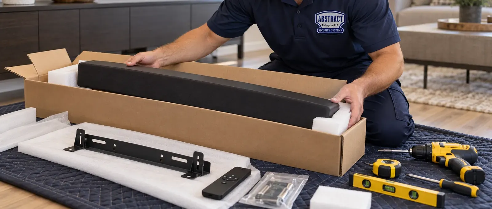 Unpacking the soundbar and its bracket kit — Flushing, Queens Soundbar installation Flushing, Queens: hands lifting a soundbar out of its box on a moving blanket, with the wall bracket, remote, hardware bag, drill, tape measure and level laid out