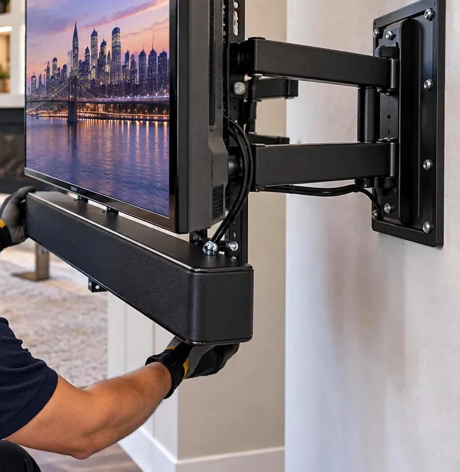 Soundbar fixed to a full-motion TV arm — Flushing, Queens Soundbar installation Flushing, Queens: a soundbar fixed beneath a TV on a full-motion wall arm, a gloved hand steadying the bar, cables tied along the arm