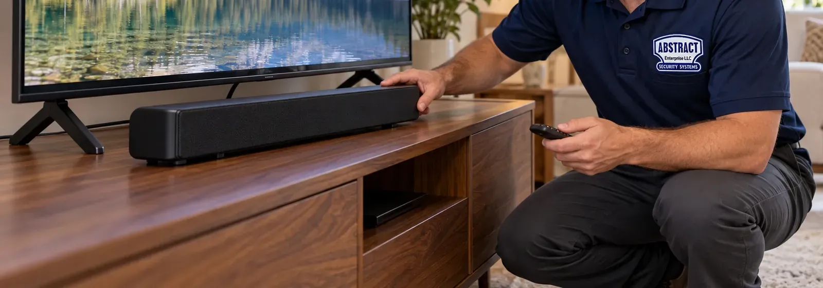 Soundbar placed on the console, no drilling — Flushing, Queens Soundbar installation Flushing, Queens: a soundbar placed on a walnut media console in front of a TV standing on its feet, a technician's hand resting on the bar and holding a remote