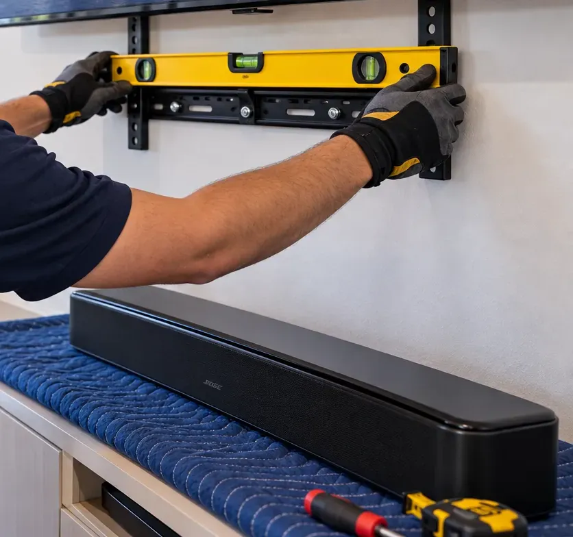 Leveling the wall bracket before the bar goes up — Flushing, Queens Soundbar installation Flushing, Queens: gloved hands holding a yellow level against a black wall bracket under a TV, the soundbar waiting on a blue moving blanket below