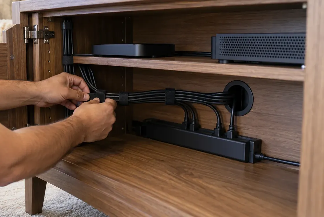 Strapping the cables inside the media cabinet — Flushing, Queens Soundbar installation Flushing, Queens: hands strapping black cables with hook-and-loop ties inside a wood media cabinet, the bundle running through a grommet to a power strip below two set-top boxes