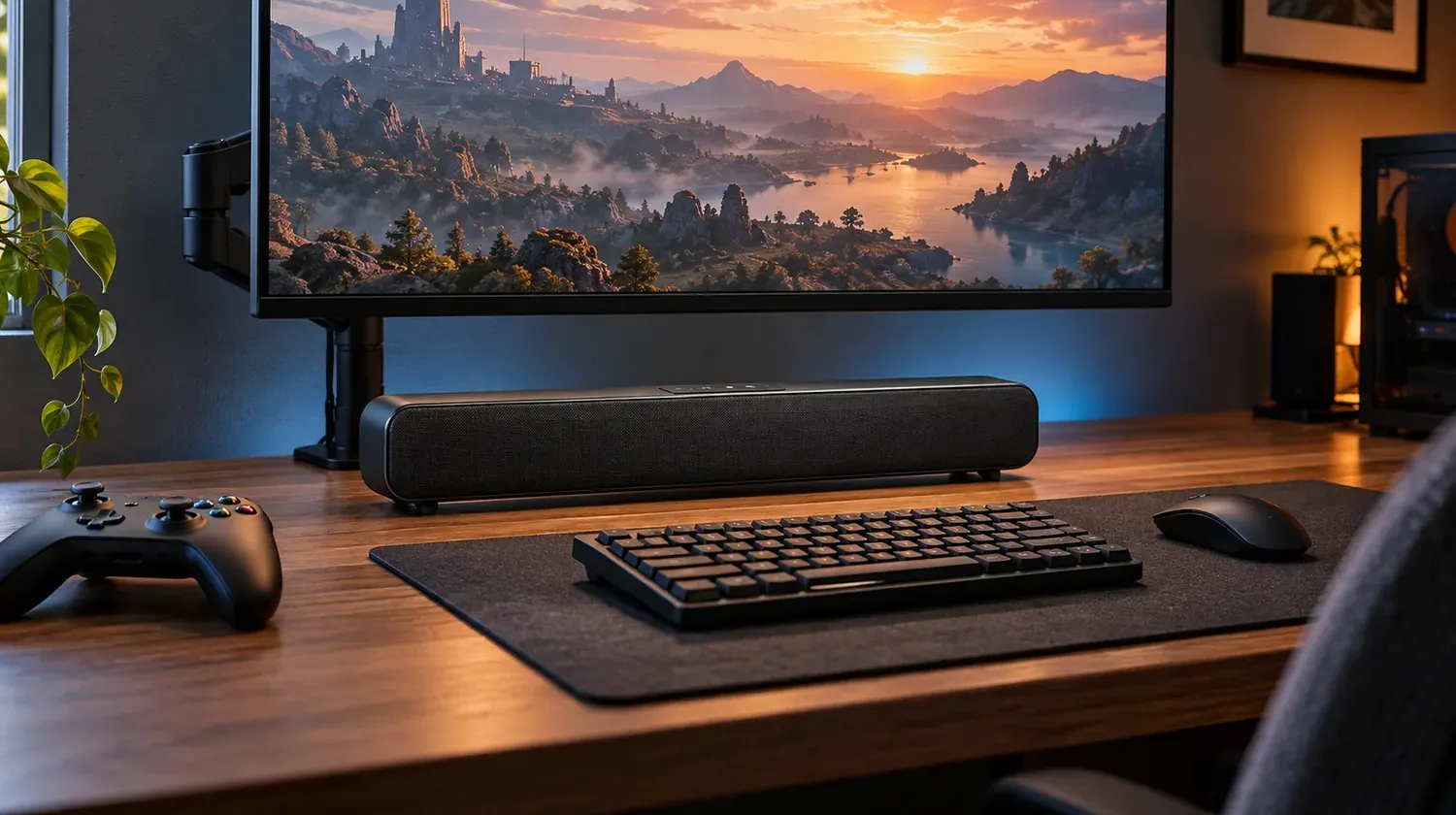 Compact soundbar under a desk monitor — Flushing, Queens Soundbar installation Flushing, Queens: a compact soundbar on a wooden desk below a monitor on an arm, with a keyboard, mouse, game controller and a plant
