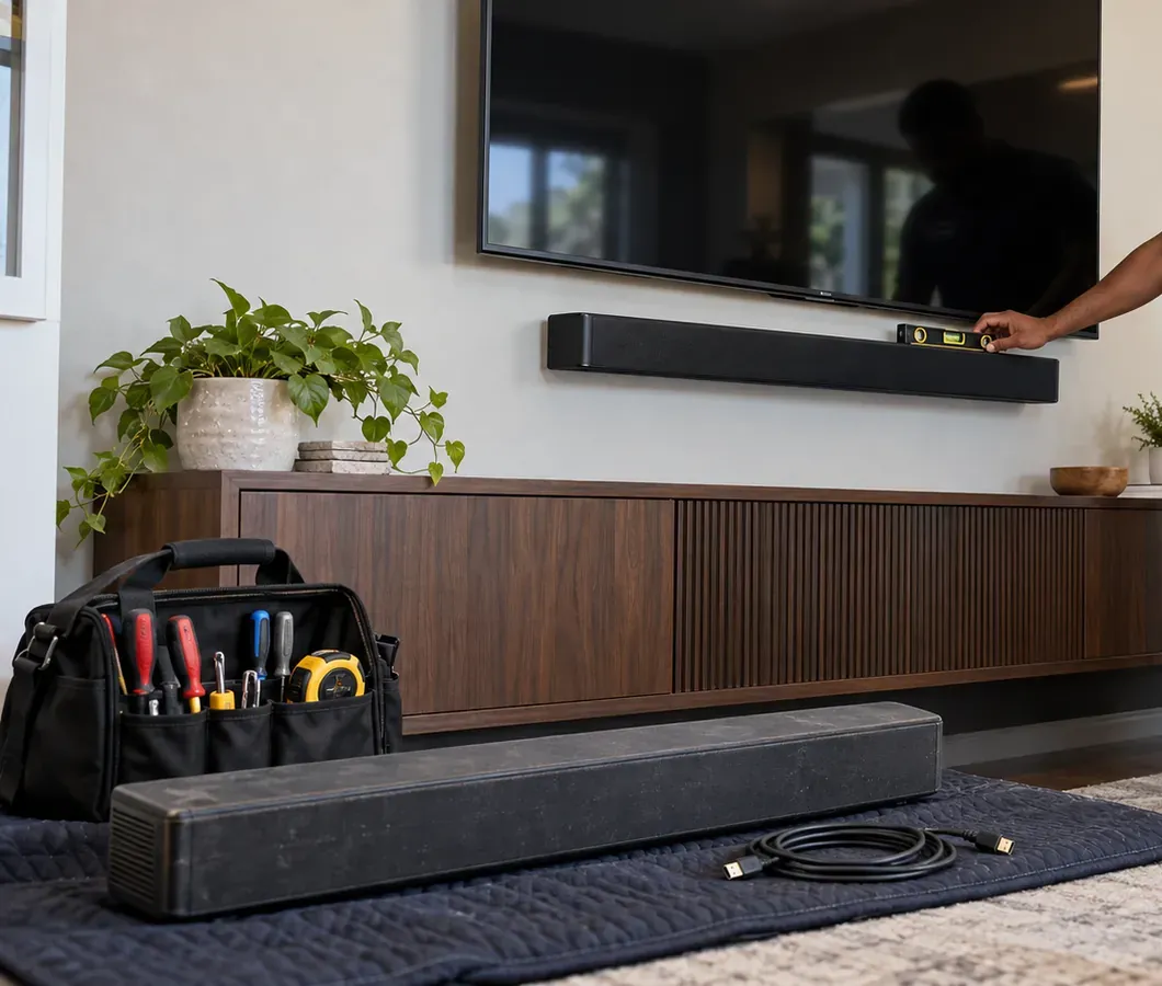 Level check on a wall-mounted soundbar — Flushing, Queens Soundbar installation Flushing, Queens: a technician's hand holding a small level on a wall-mounted black soundbar under a TV, with a tool bag, a second soundbar and an HDMI cable on a moving blanket