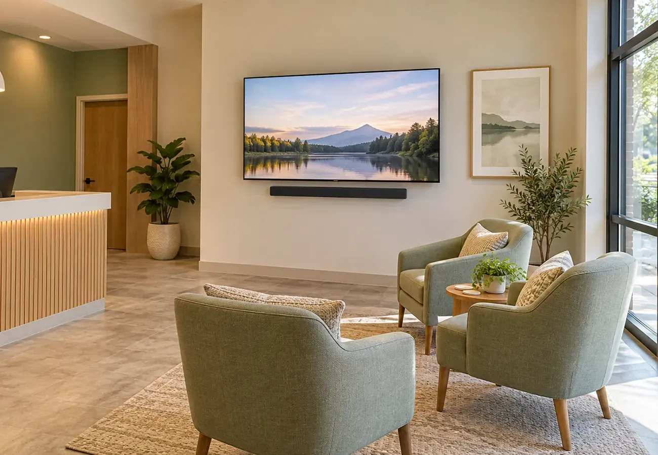Reception-area TV with a slim soundbar — Flushing, Queens Soundbar installation Flushing, Queens: a wall-mounted TV with a slim soundbar beneath it in a reception area with green armchairs and the end of a front desk