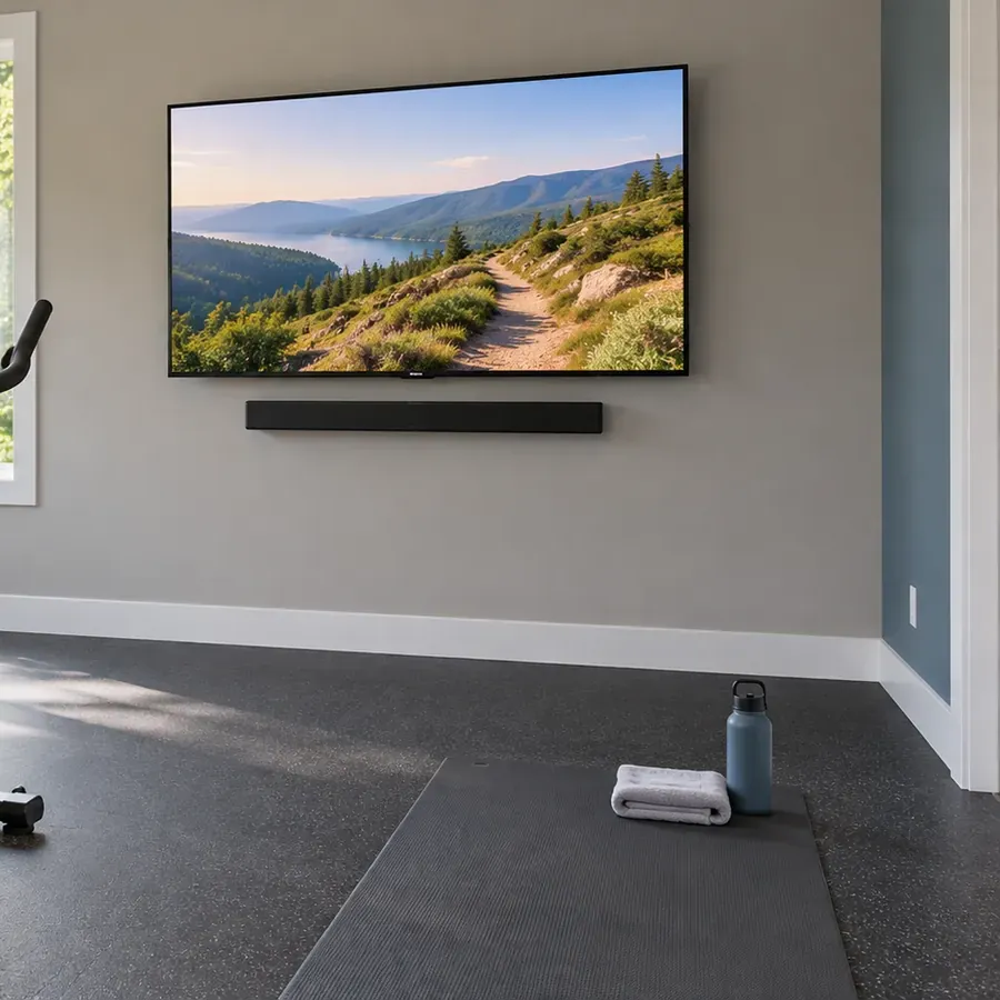 Wall-mounted TV and soundbar in an exercise room — Flushing, Queens Soundbar installation Flushing, Queens: a wall-mounted TV with a soundbar below it on a grey wall above an exercise mat, towel and water bottle on a rubber floor