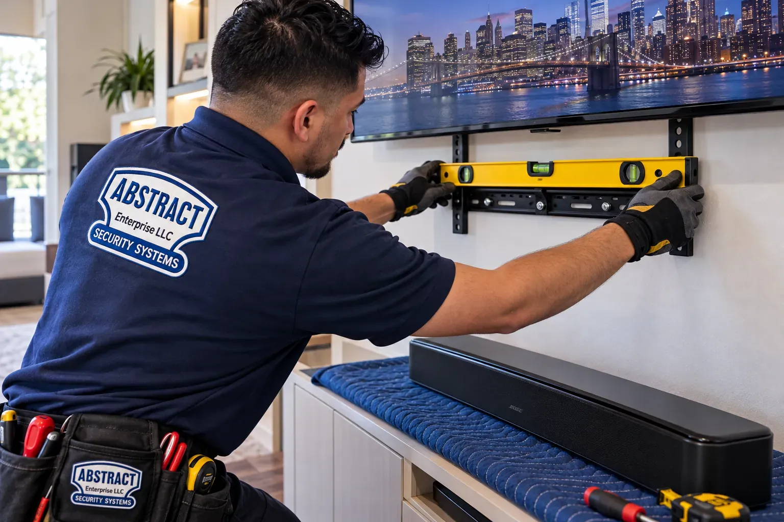 Leveling the bracket before the bar goes on β Forest Hills, Queens Soundbar installation Forest Hills, Queens: gloved technician in an AESS shirt holding a yellow level across a soundbar wall bracket under a TV, bar waiting on a blue blanket