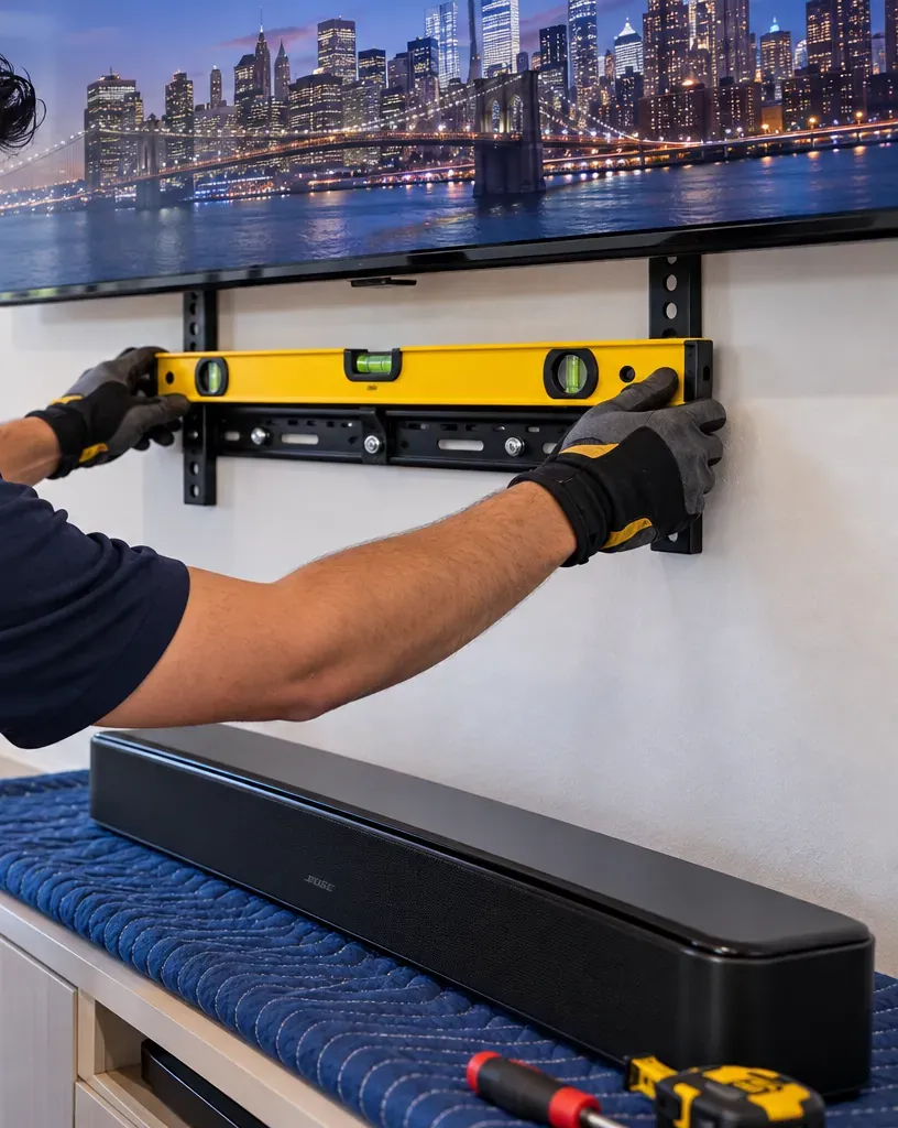 Gloved hands holding a yellow level across a black soundbar wall bracket fixed under a TV, the soundbar waiting on a blue moving blanket below — Staten Island soundbar installation