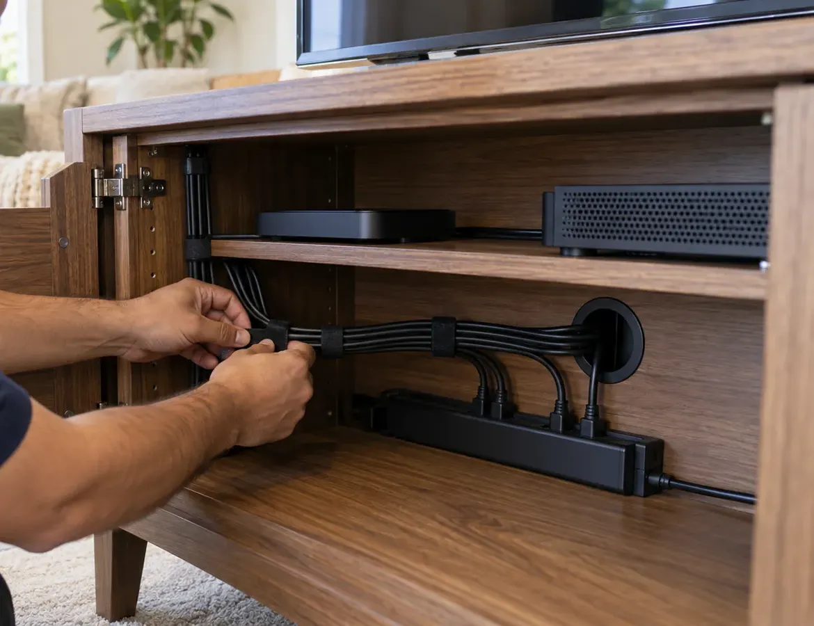 Hands bundling black cables with straps inside a wooden media cabinet, routing them through a grommet to a power strip beside a streaming box and router — Staten Island soundbar installation