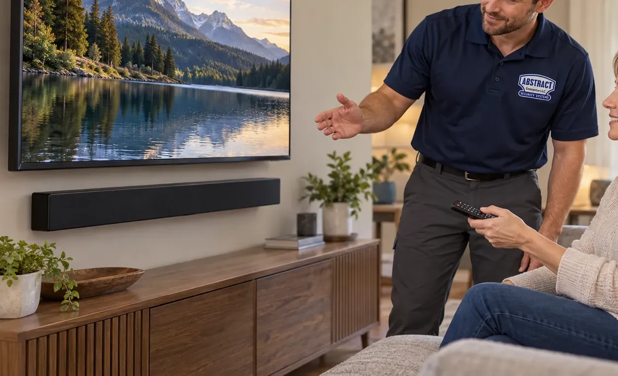 AESS technician gesturing toward a wall-mounted TV and soundbar above a wooden console while a seated person holds the remote — Staten Island soundbar installation