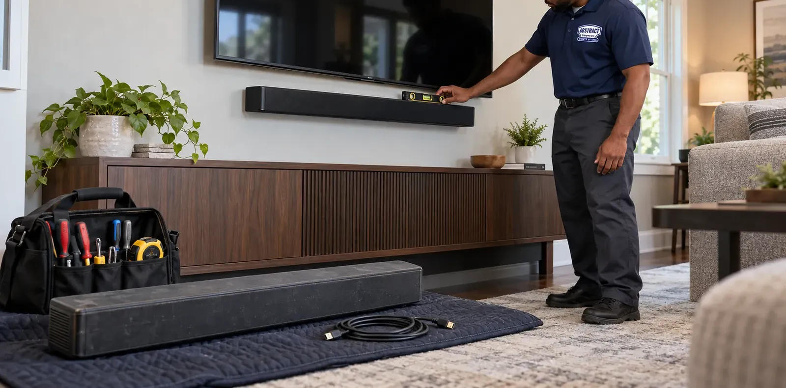 Technician in a navy AESS polo holding a bubble level on a wall-mounted soundbar under a TV, a tool bag and a second soundbar on a moving blanket by the console — Staten Island soundbar installation