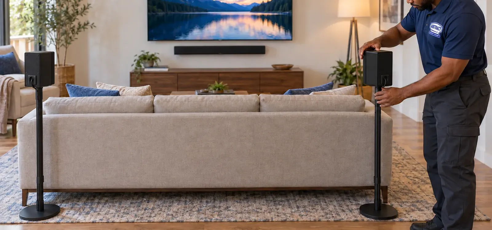 Technician adjusting a rear surround speaker on a floor stand behind a sofa, a second stand on the other side and the TV and soundbar on the far wall — Staten Island soundbar installation
